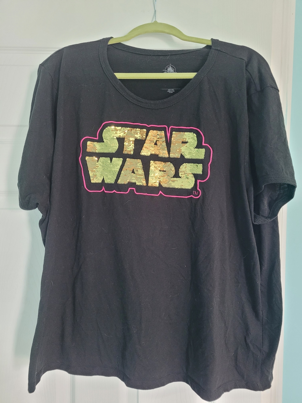 Disney Black T-Shirt with Gold Sequin Star Wars Logo and Pink Outline